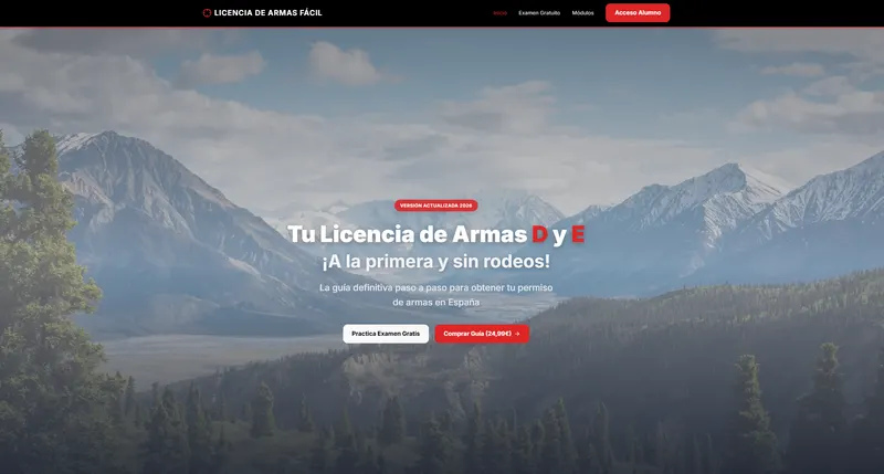 Página de inicio de Licencia de Armas Fácil, plataforma para preparar el examen de licencia de armas D y E